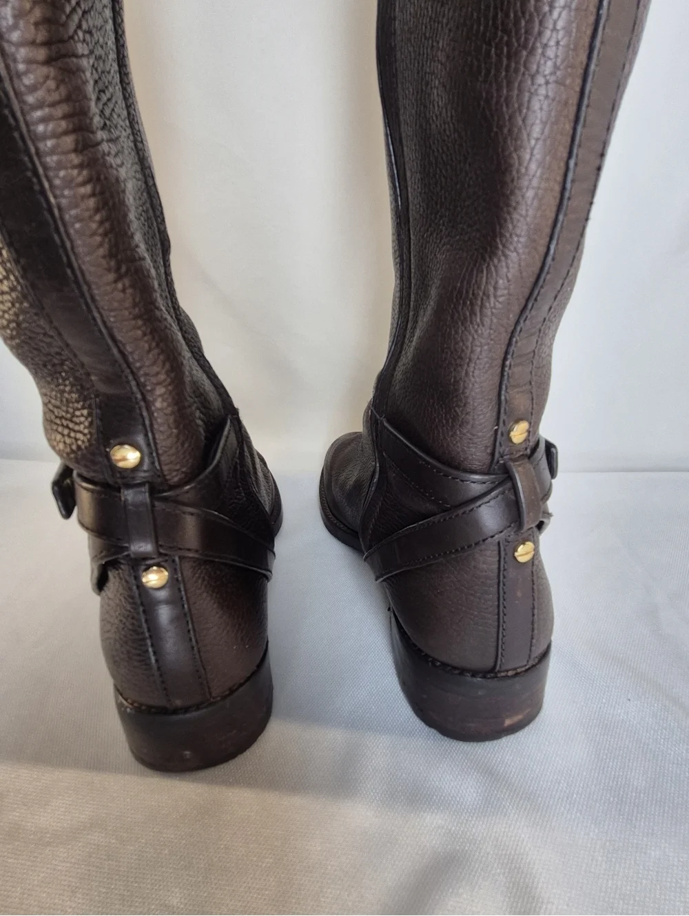 Tory Burch Teresa Women's 9M Riding Boots Brown Pebbled Leather Gold Ligo Buckle